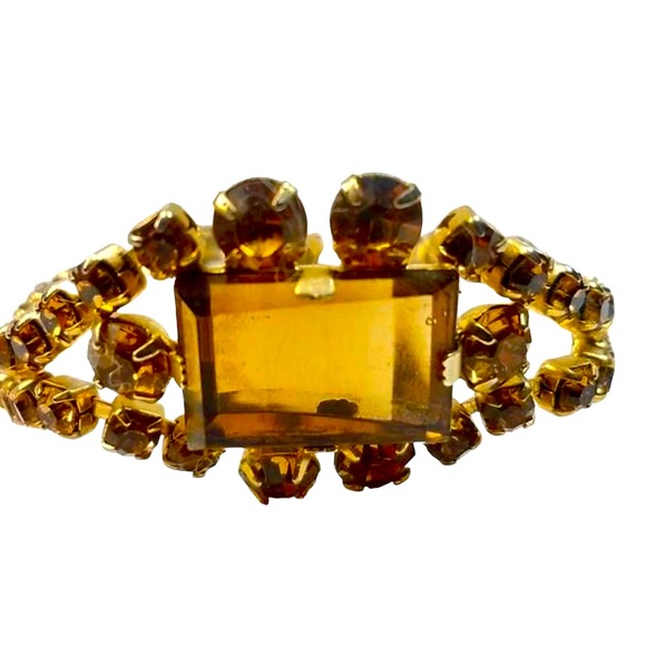 Vintage Necklace Bracelet Set Amber Glass & Rhinestone Rectangular - Picture 10 of 17